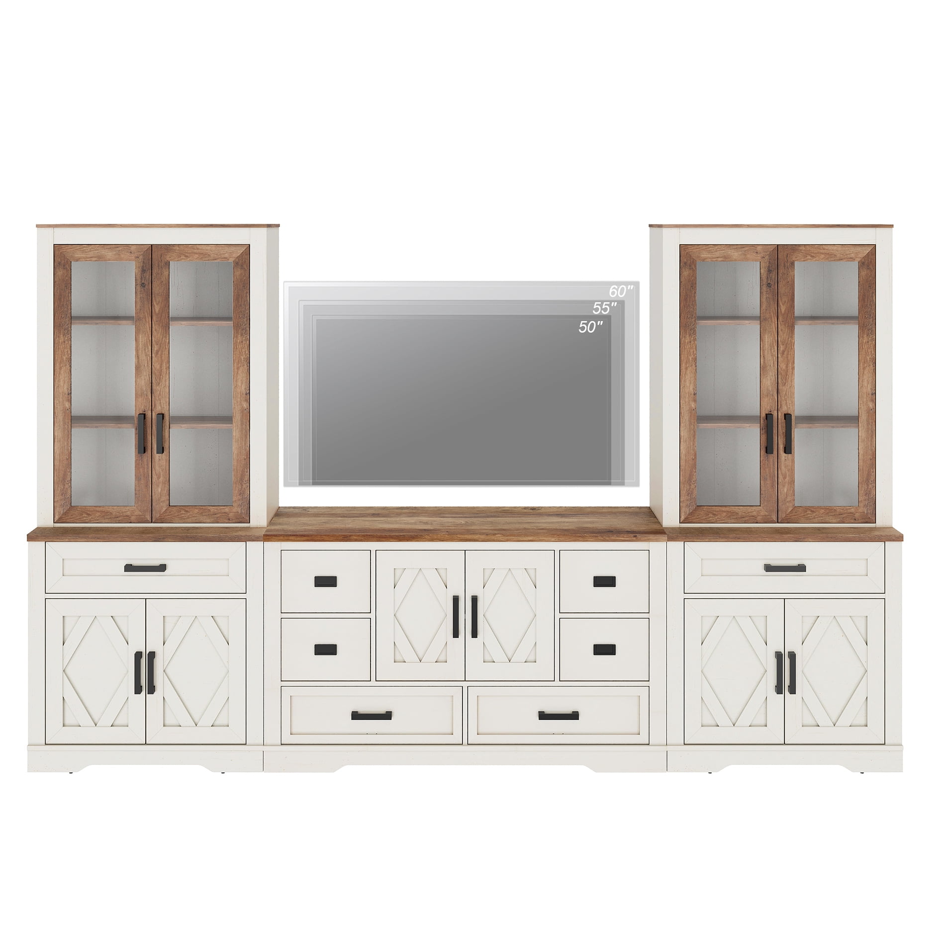 WAMPAT Farmhouse Entertainment Center with Bookshelf for TVs up to 60",Mid Century Modern TV Stand with 73"H Tall 5-Tier Bookcase with Open Storage and Barn Doors for Living Room,Bedroom,White Oak