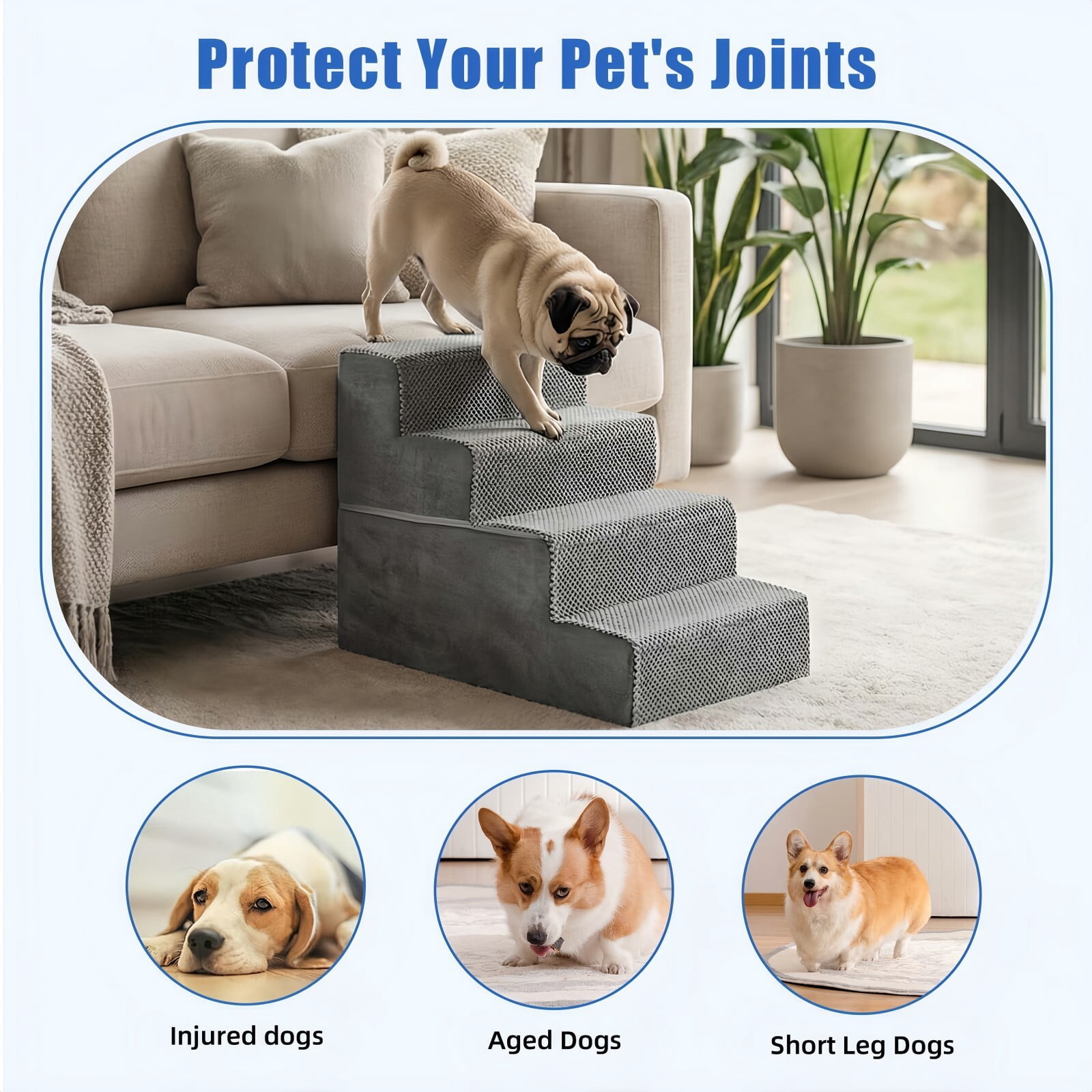 Kelno 18" Tall Dog Stair Foldable Foam Right Angle Pet Steps with Removable Washable Cover, Gray