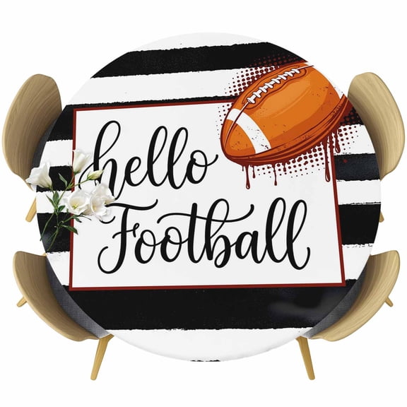 Black White Striped Round Tablecloth 55-60 Inch Round Fitted Table Cloth with Elastic Edge, Football Stripes Farmhouse Art Waterproof Table Cover Protector for Outdoor Picnic Party Dining
