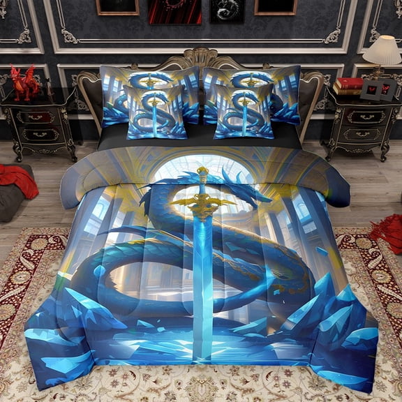 Homewish Animal Blue Dragon Boy 7-Piece Twin Bedding Sets,Abstract Lightsaber Bedding Comforter Set,Magical Wildlife Breathable Sheet Sets,Luxury Bedroom Decor,Reversible