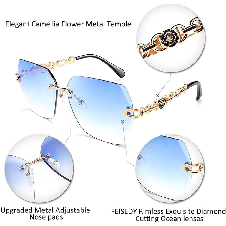 Rimless Diamond Cutting Metal Frame Sunglasses UV400 HD Lens FEISEDY, Rimless Sunglasses, B2567, Diamond Cutting Ocean  main image 3