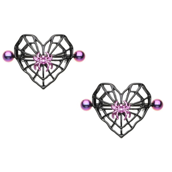 Body Accentz Nipple Ring Black Spiderweb Heart Nipple Shield 14g Spider