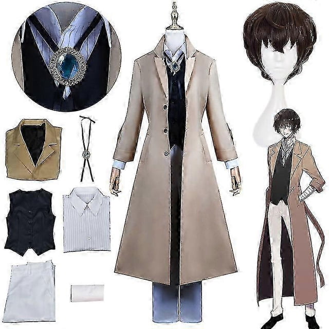 26-27 Bungo Stray Dogs Dazai Osamu Cosplay Costume Wig Uniform Long Jacket Coat Suit Adult Halloween Party Costumes Outfit for Men