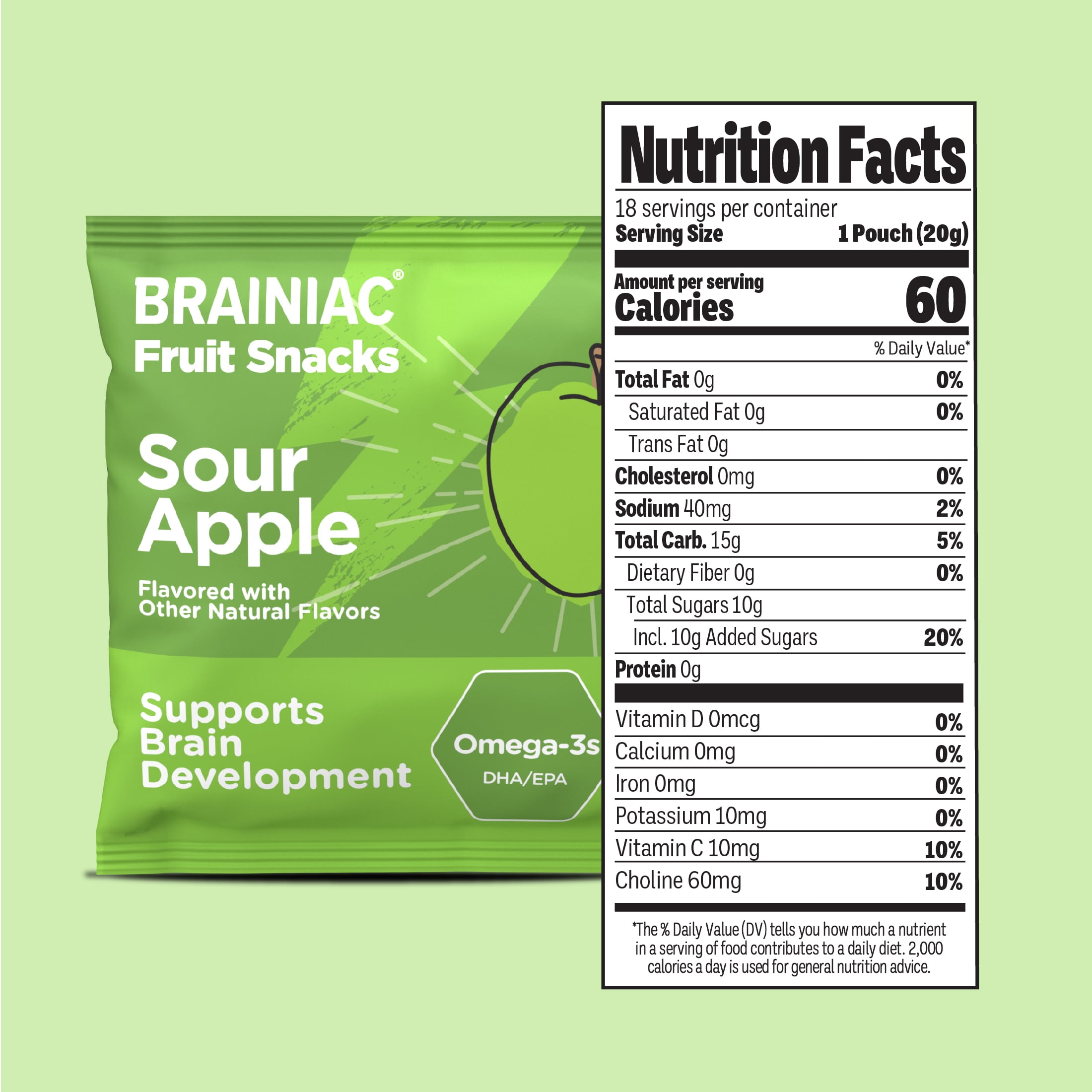 Brainiac Fruit Snacks with BrainPack, 'Mega Apple Flavor, 72 Count