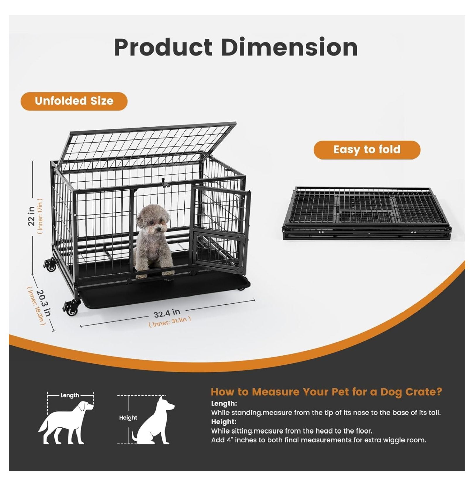 32 Inch Heavy Duty Dog Crate with Wheels, Folding Metal Dog Cage for Puppy/Small and Medium Dogs, Indestructible Dog Crate with Removable Tray (Black)