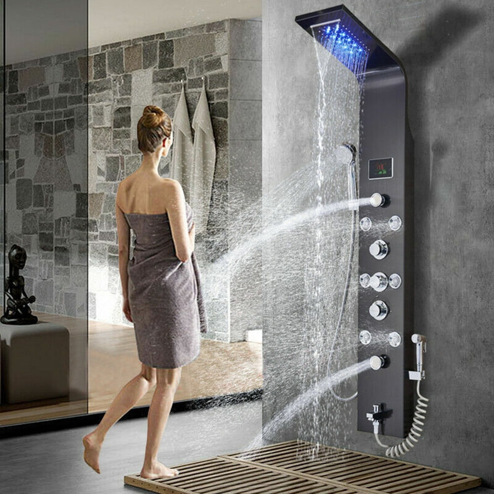 Shower Panel Tower LED Shower System with 6 Functions Unique Powerful hydromassage and Bidet Tap Shower Tower Wall Mounted Black