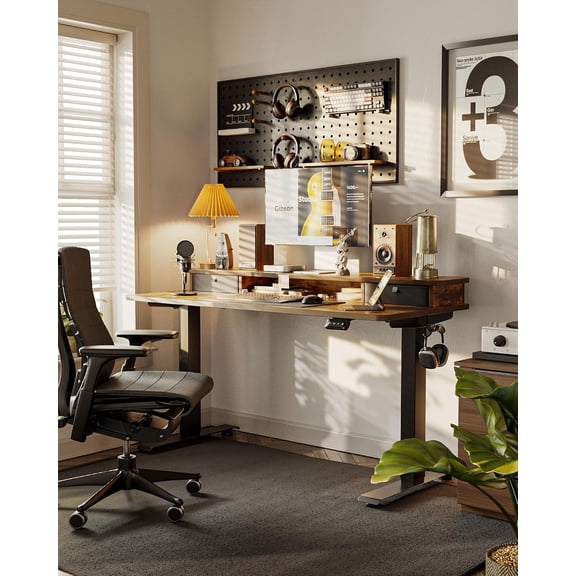 48 x 24 Inch Height Adjustable Electric Standing Desk with Double Drawers, Stand up Desk, Home Office Computer Workstation with 4 Height-Adjustable Feets & 2 Hooks, Rustic Brown