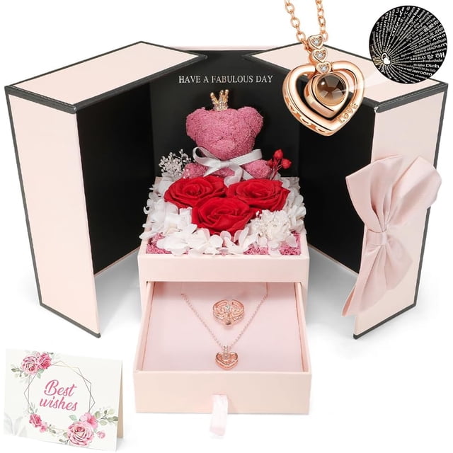 Flor Rosa Eterna, Regalo para Mujer, Anillo Collar con "I Love You" en 100 Idiomas, Oso Rosas Flores Conservada, Regalo para San Valentín, Caja Regalo