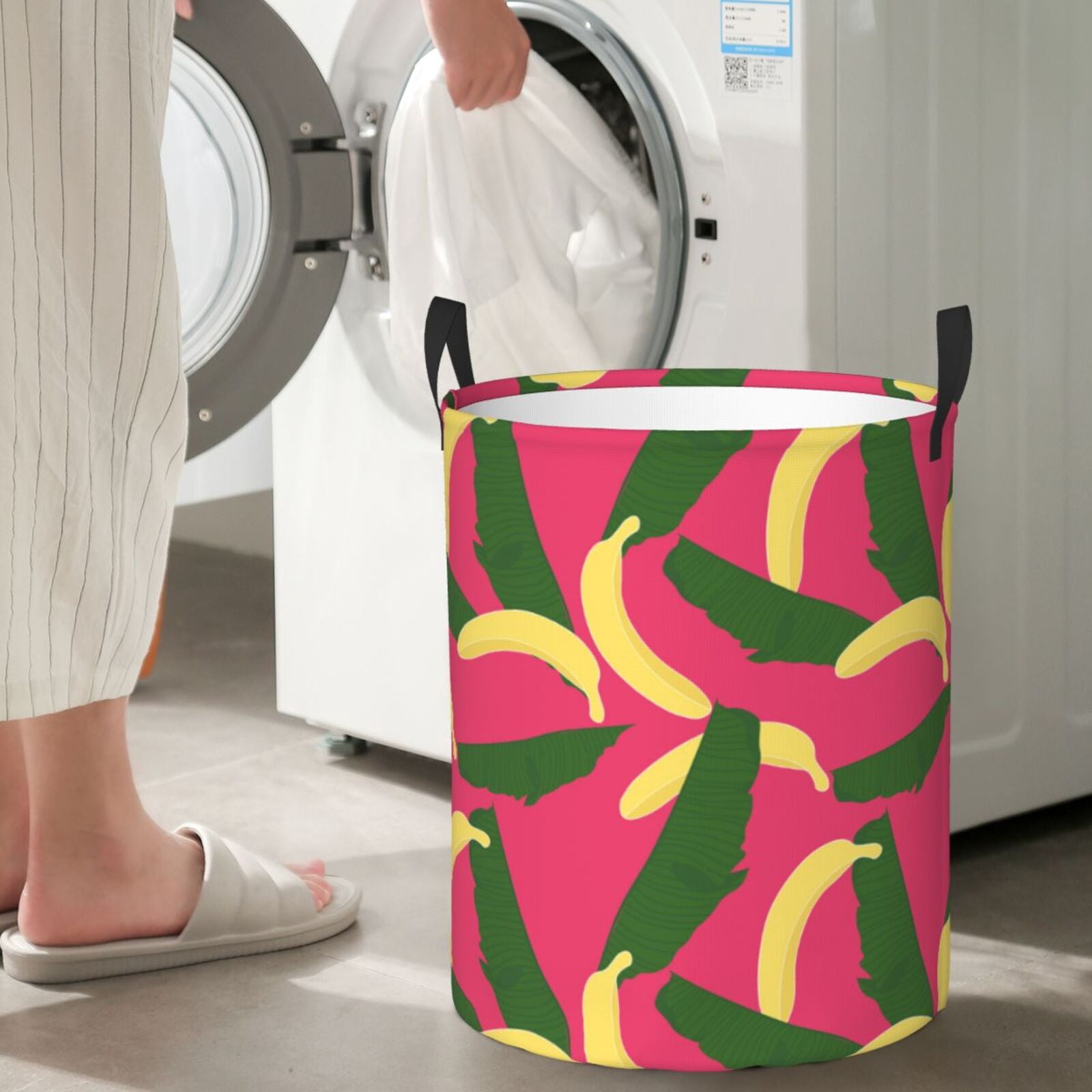 Large Laundry Basket with Handles - Cute Banana Red Green Leaves Kids Baby Dirty Clothes Laundry Hamper for Bedroom Aesthetic