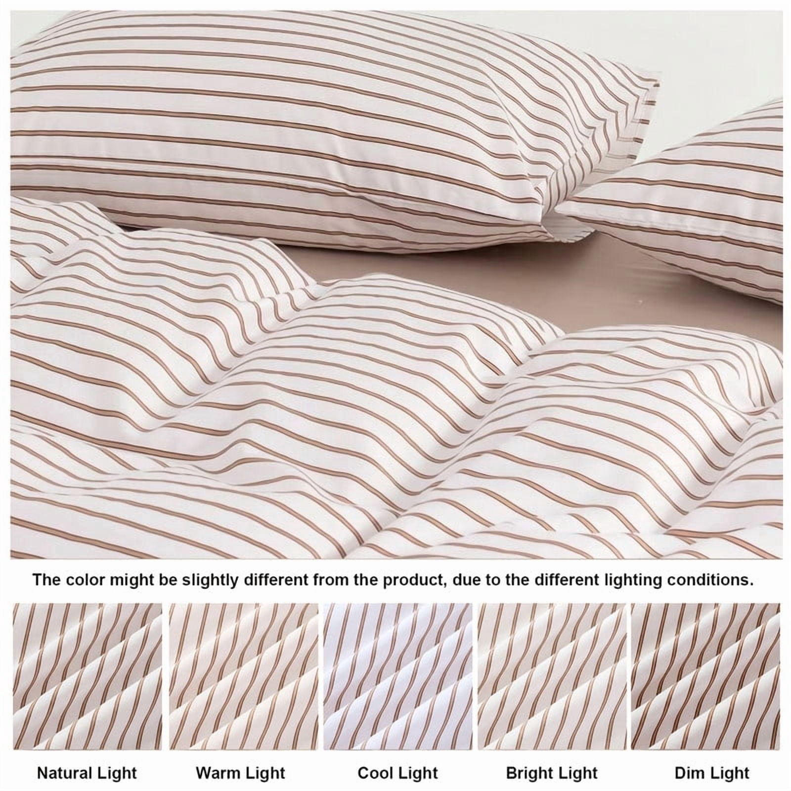 Khaki Striped Duvet Cover Set King Size,100% Cotton Bedding Set,Luxury Sateen Weave Silky Smooth Breathable Bedding Comforter Cover 3 Pcs with Zipper Closure and 8 Corner Ties