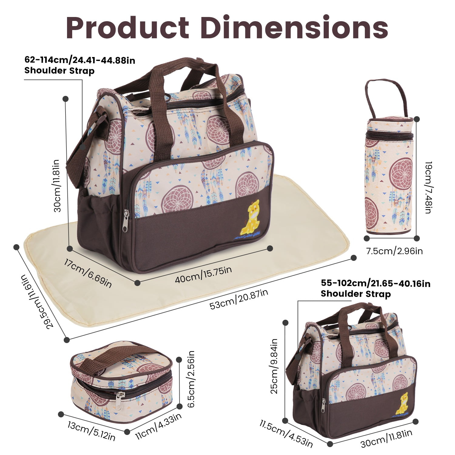 5Pcs Mummy Diaper Tote Bag Baby Nappy Bag with Diaper Pad Food Bag Bottle Bag Travel Tote Bags for Mom Dad Coffee