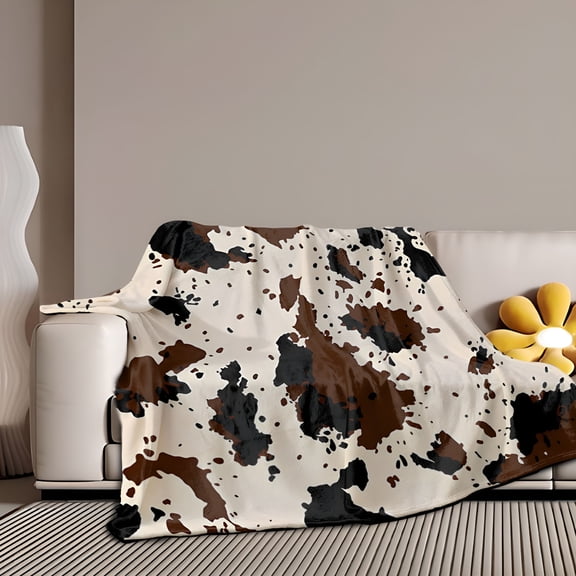 AUQ Cow Print Soft Blanket 50x60"es,Animal Brown Black Milky White Faux Fur Throw Blankets,Western Cute Flannel Fleece Decorative Bed Sofa Office Blanket