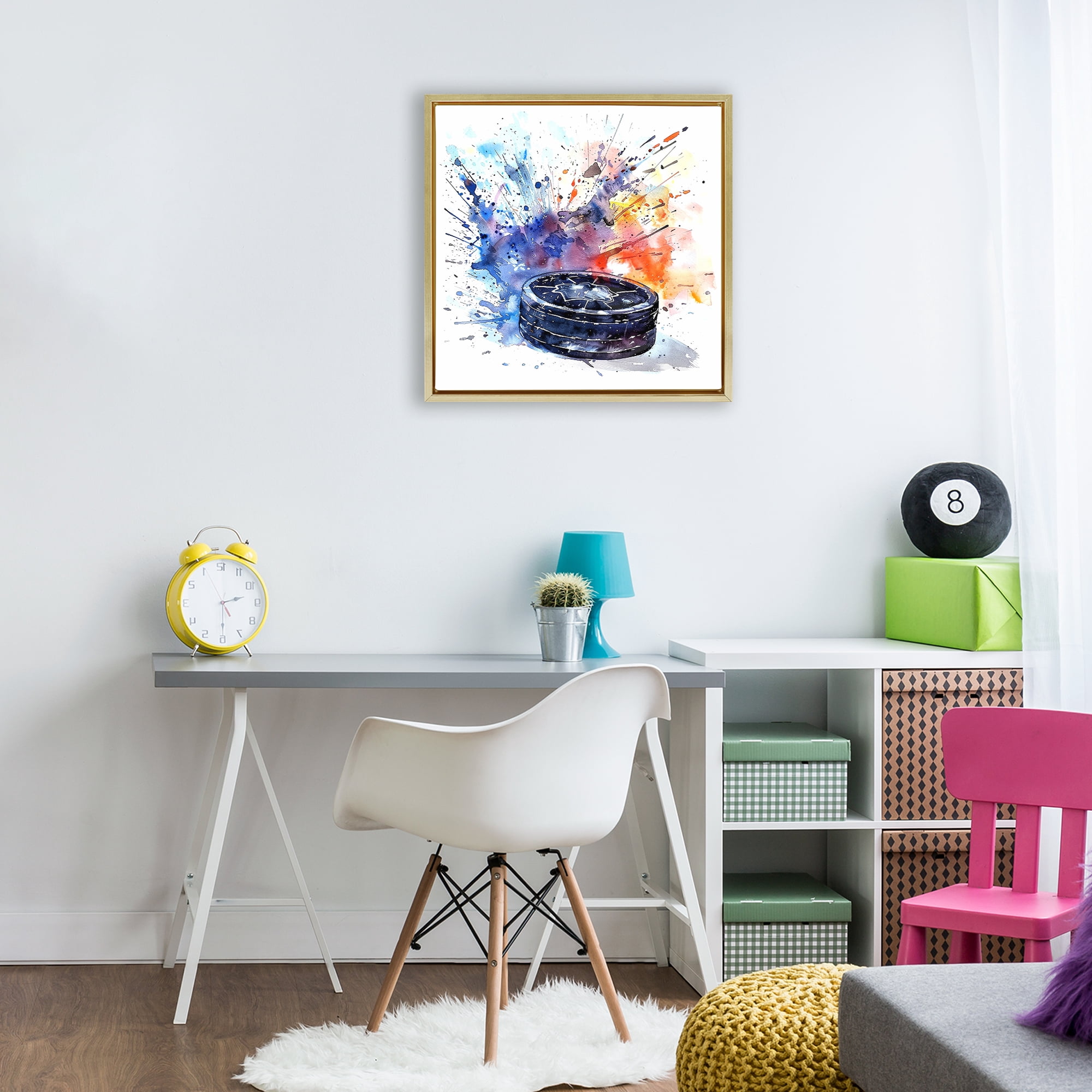 Stupell Industries Hockey Splash Watercolor Burst Gold Framed Floater Canvas Wall Art, design by LSR Design Studio