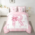 thumbnail image 2 of Feelyou Girly Monogrammed R Twin Bedding Sets 7-Piece, Cartoon Pink Bownknot Ribbon Bedding Comforter Set, Princess Buffalo Plaid Reversible Sheet Sets, Luxury Bedroom Decor, 2 of 7