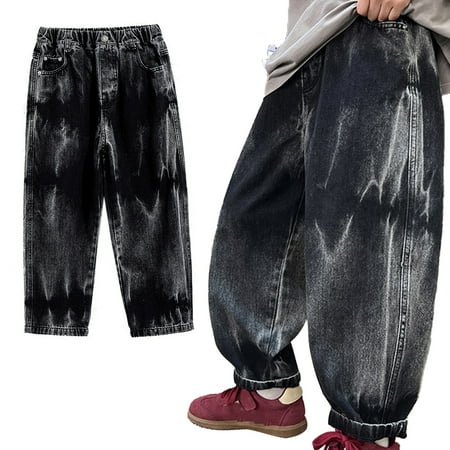 

FJUCHAI Boys Loose Jeans: 5-15Y Middle and Large Children Kids Toddler Tie-Dye Denim Pants Teen Casual Straight Pants Sweatpants