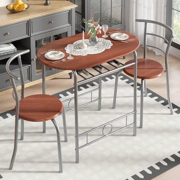 3-Piece Dining Table Set for Kitchen Breakfast Nook Wood Grain Oval Tabletop and Metal Frame with Built-in Wine Rack for Small Spaces Brown Sier