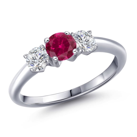 Gem Stone King 925 Sterling Silver Red Created Ruby and Lab Grown Diamond Engagement Ring for Women | 1.14 Cttw | Round 5MM | Gemstone July Birthstone | Size 5
