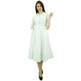thumbnail image 5 of Bimba Women's 3/4 Sleeve Linen Collar Neck Solid Flared Shirt Dress with Side Pockets, 5 of 9