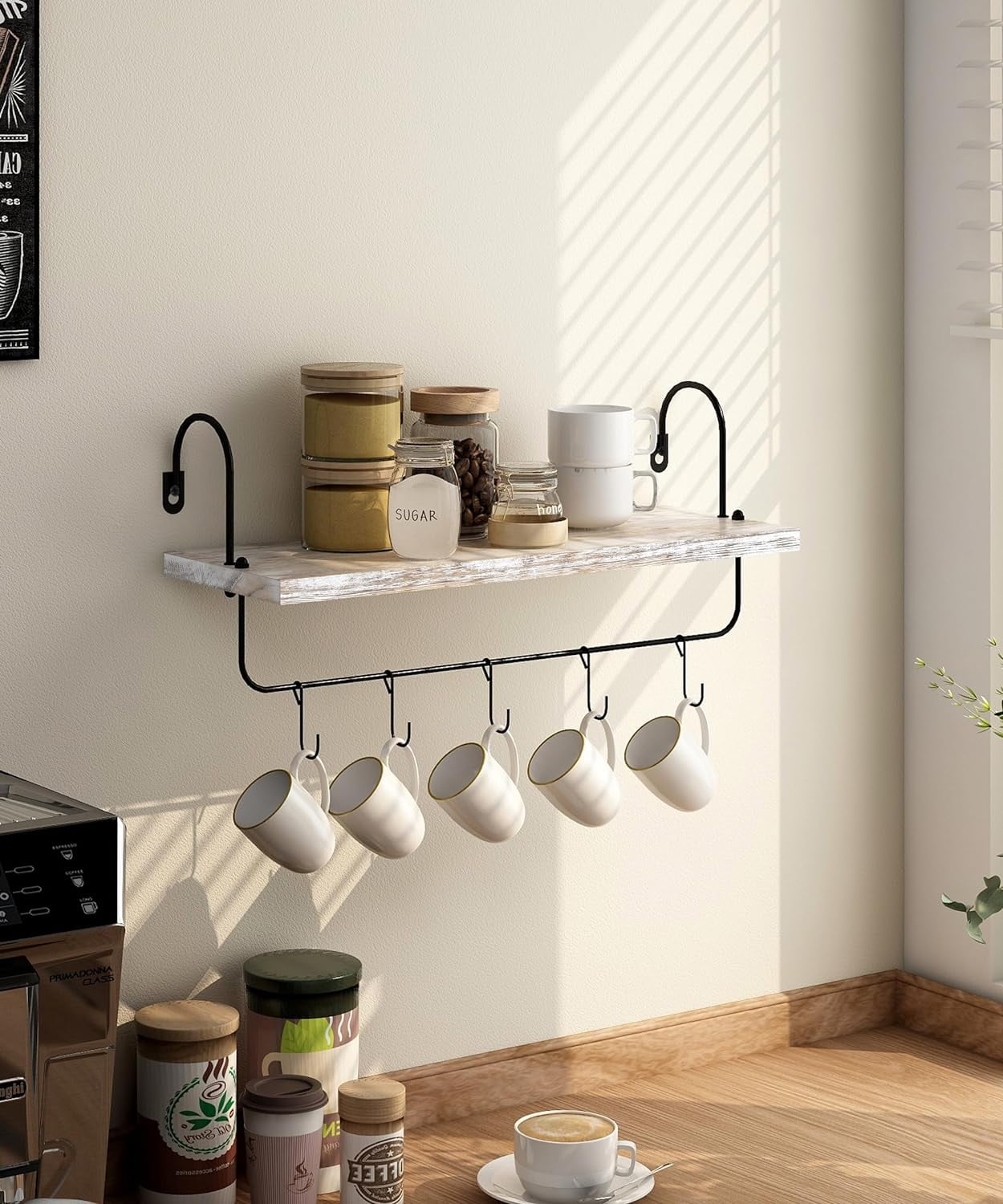 Afuly Wall Shelf with Hooks, Solid Wood Coffee Mug Holder Coffe Bar Organizer, Wall Mounted Farmhouse Kitchen Storage Rack ( 16", Set of 2, White)