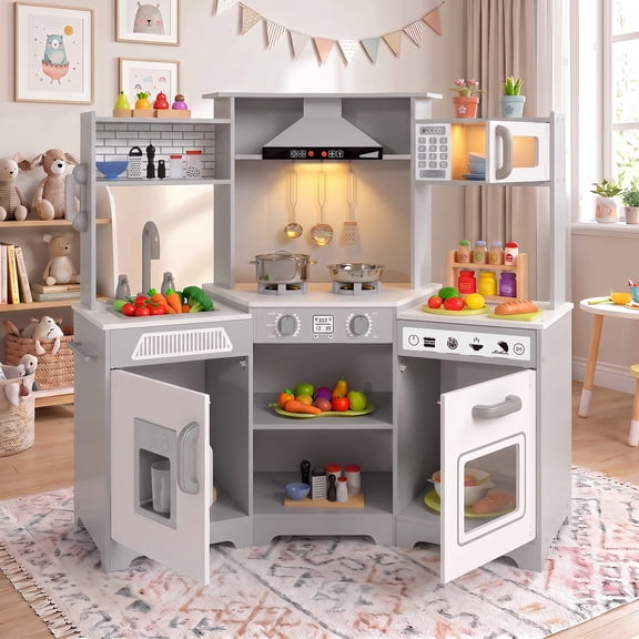 COSVALVE Wooden Corner Play Kitchen Set Pretend Cooking Playset Toddler Role Play Toy Gift with Microwave Oven,Phone,Sink,Utensils(Gray & White)