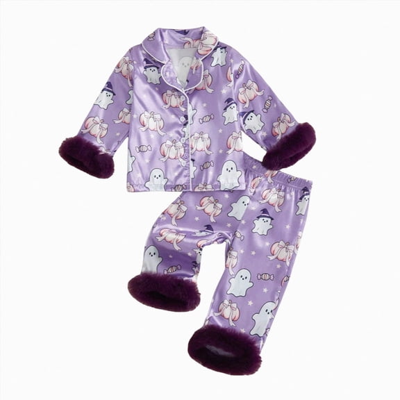mgoYE Halloween Pajamas Set Toddler Baby Girl Pumpkin Pjs Button Shirt Pants Sleepwear Cute 2Pcs Loungewear(Purple,18-24 Months)