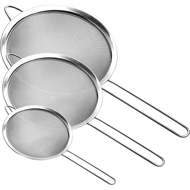 Fine Mesh Strainer, Stainless Steel Fine Mesh Sieve, Set of 3 Small Strainers Fine Mesh for Kitchen, Silver Colander Sieve Sifter with Long Handle,8cm 12cm 16cm 3pcs