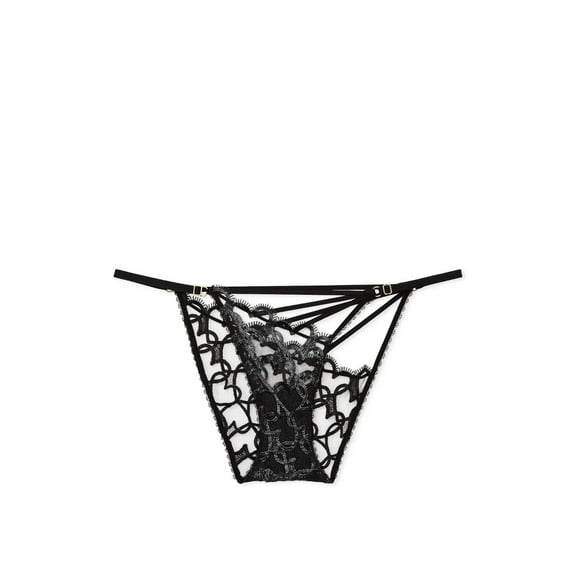 Victoria's Secret Shimmer Heart Embroidery Adjustable String Bikini Panty Black Size Large NWT