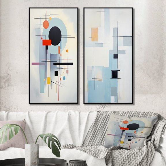 Designart "Beige Blue Suprematism Serene composition II" Abstract Suprematism Framed Wall Art Set Of 2 - Multi-Color Abstract Framed Canvas Set For Living Room Decor