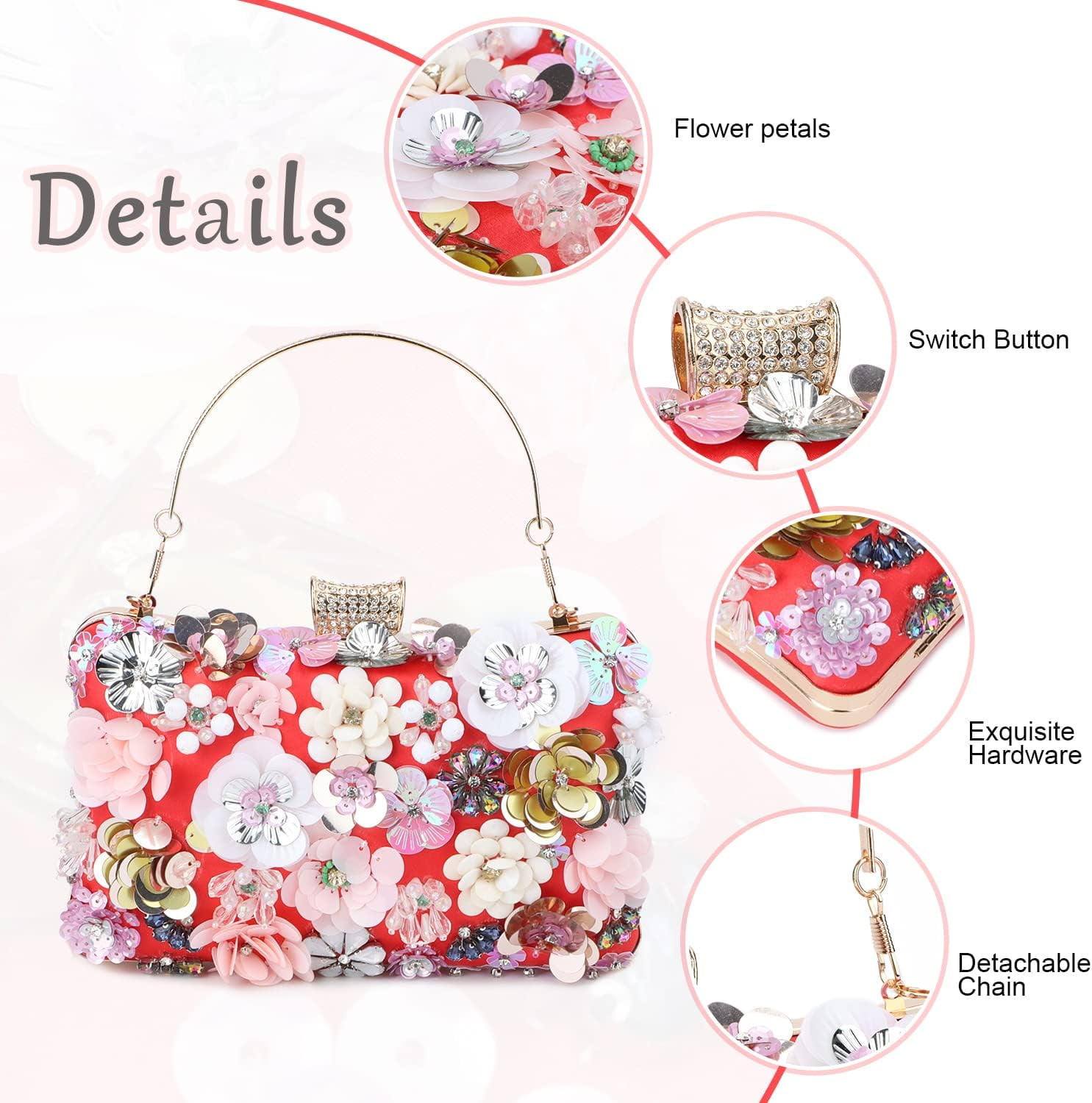 Women Elegance Floral Evening Clutch Purse Bags Flowers Beads Wedding Tote Bags Bride Shoulder Handbags