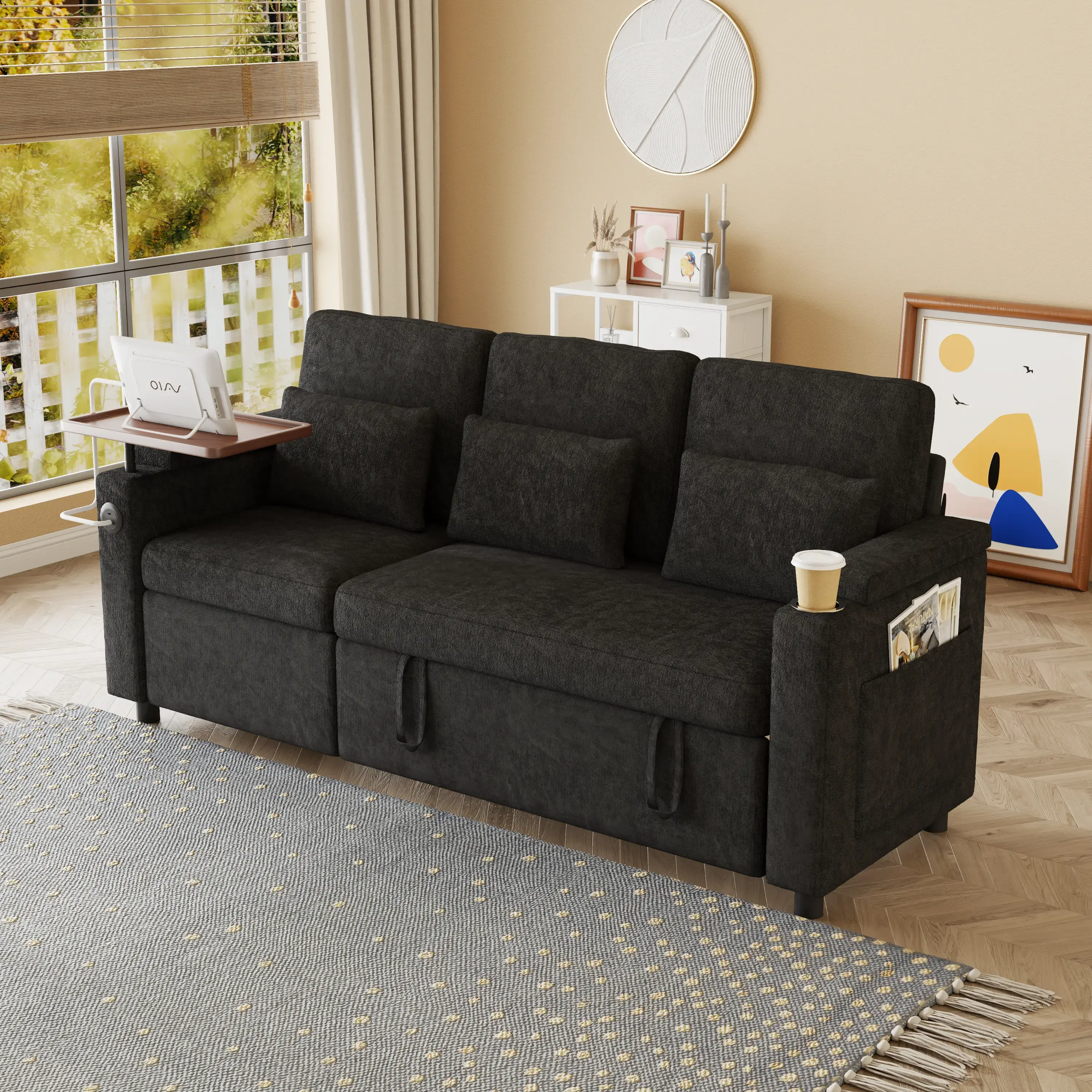 Aukfa 83" Convertible Sofa Bed, Chenille 3-Seater Pull-Out Sleeper Couch with Recliner, USB Port, Swivel Table & Storage Armrests,Black