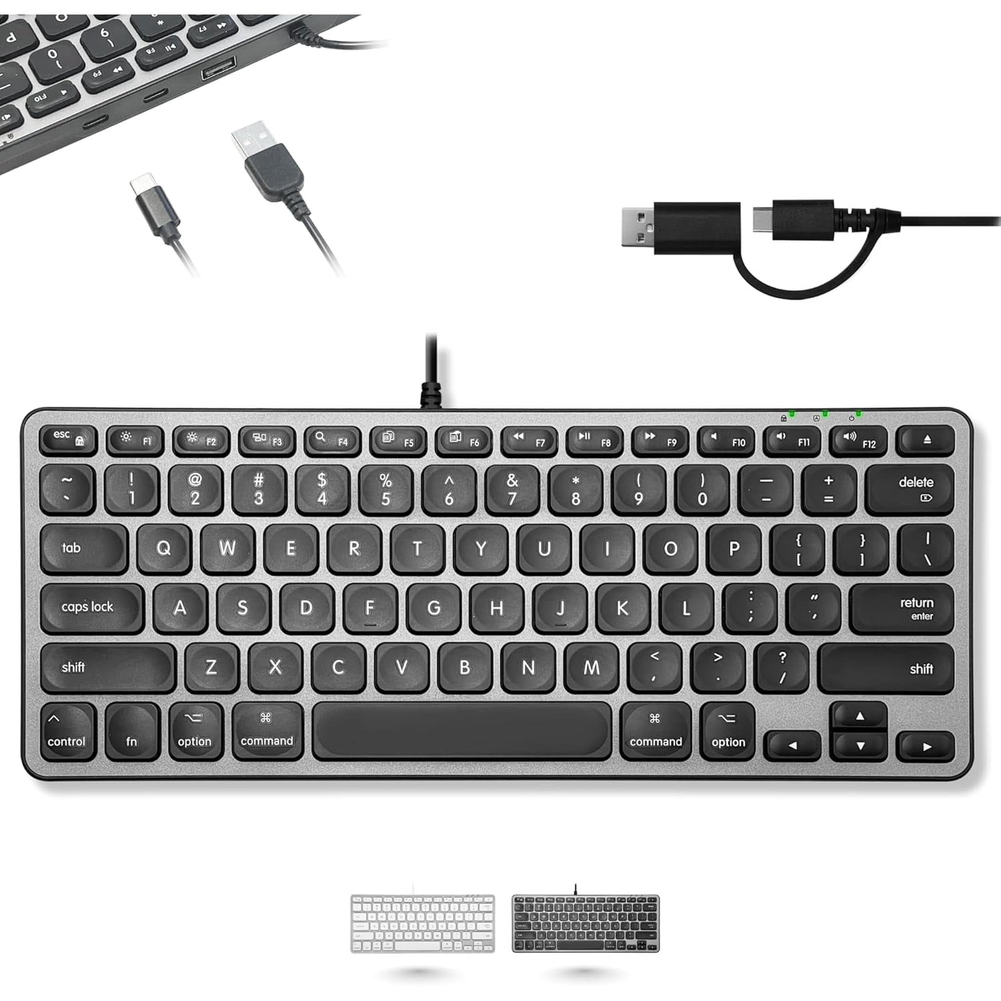 Macally Wired Keyboard for Mac with USB Hub (2x USBC / 1x USBA) - Compatible Small Apple Key board with 2 in 1 USB Plug - For Macbook Pro/Air, Mac Mini, iMac
