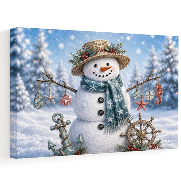 Coastal Snowman Canvas Wall Art, Winter Straw Hat Blue Scarf Anchor Rustic Christmas Wooden‑Stretched Canvas Print Artwork, Home Wall Decor for Living Room Bedroom Office 20"Lx16"W