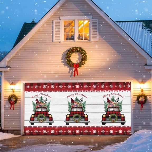 Farm Truck Wreath Christmas Garage Door Decorations, 6.9x8ft Garage Door Cover Banner with Grommets, Outdoor Garage Door Backdrop Mural for Holiday Party Wall Decor, Wood Grain Xmas Buffalo Plaid
