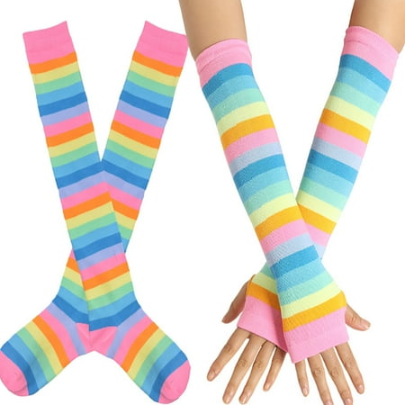 

Casfeeja-Fashion Striped Cotton Long Tube Seven Rainbow Gloves + Socks Combination