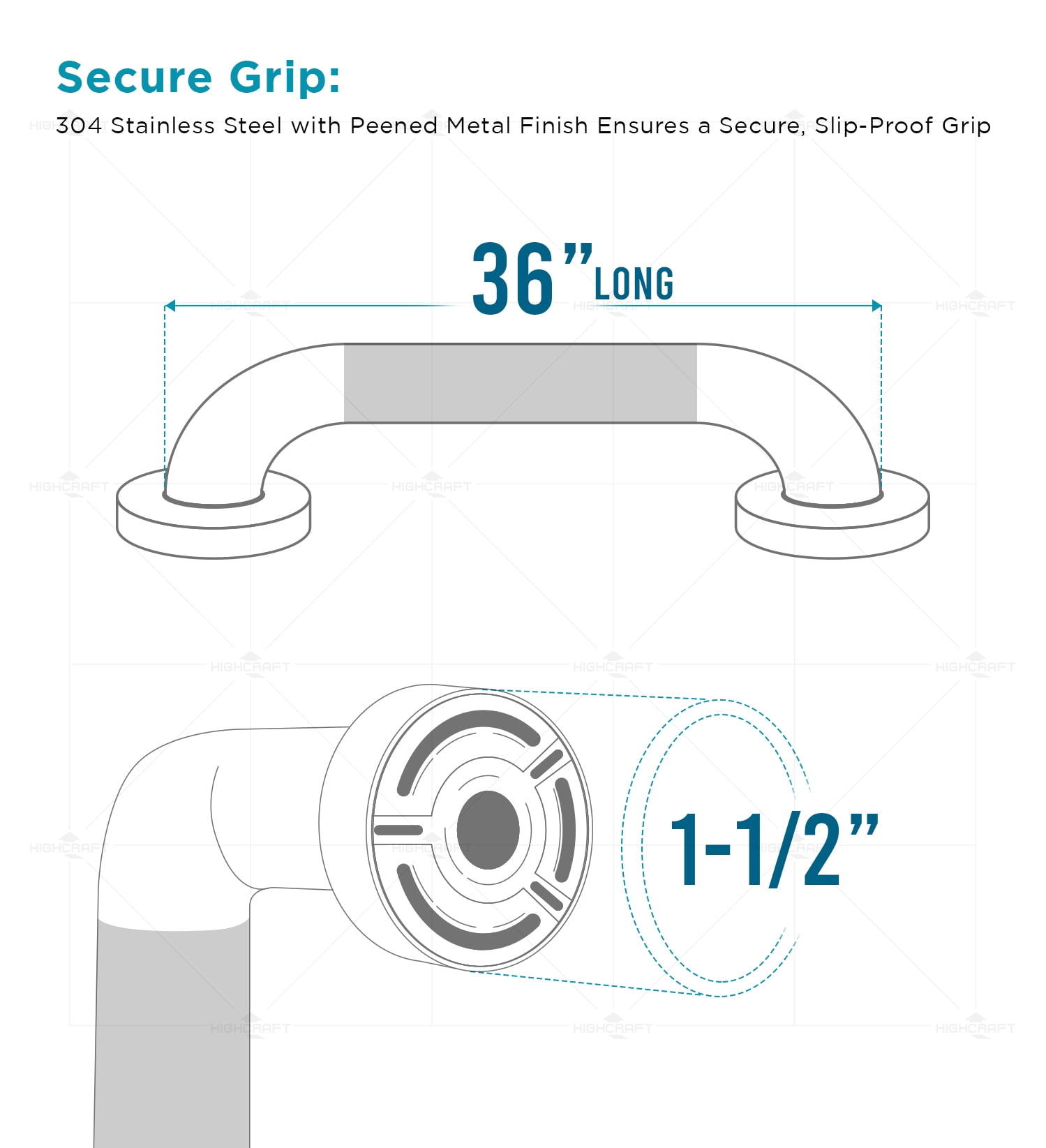 Highcraft Grab Bar for Bathtubs and Showers, Anti Slip Shower Grab Bars for Seniors and Elderly, Safety Bar for Bathroom 36" x 1.5" ADA Compliant Grab Bar, Heavy Duty Stainless Steel Shower Handle