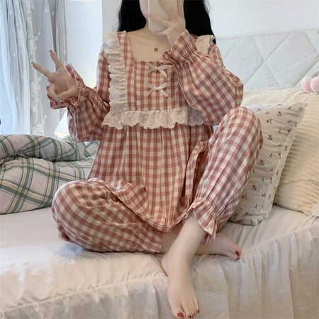

CoCopeaunt 100% Cotton Sleepwear Japanese sweet lace bow long sleeved trousers pajamas for women in autumn lovely 2 Piece Cute Loungewear