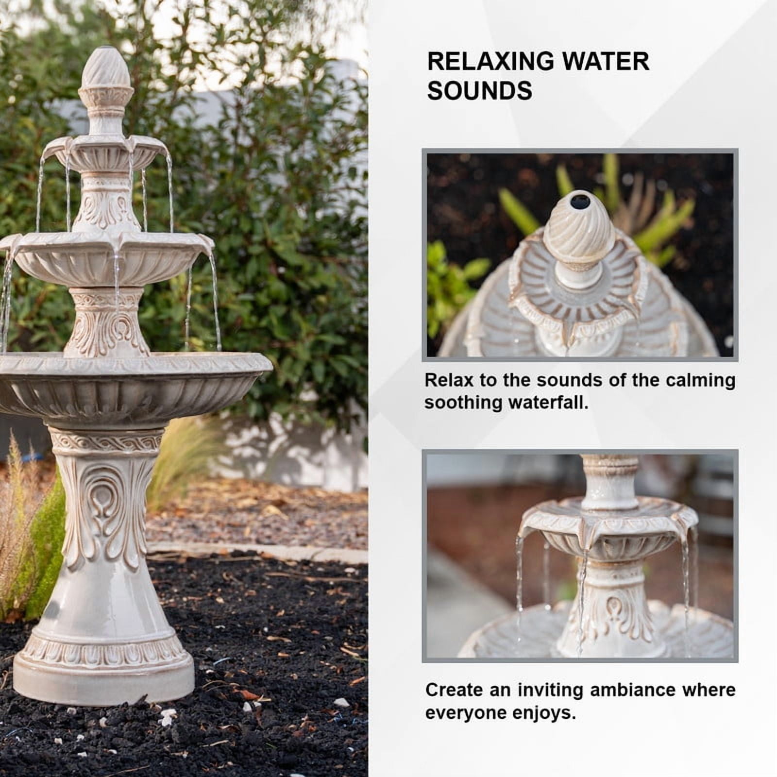 47 in H Freestanding Garden 3-Tiered Outdoor Waterfall Fountain w/Leaf Details, Ceramic, Beige