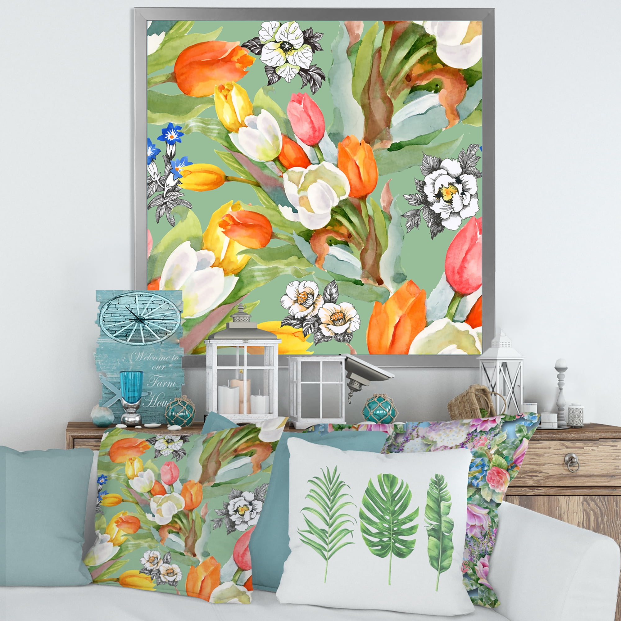 Designart 'Blooming Orange and White Tulips II' Traditional Framed Art Print