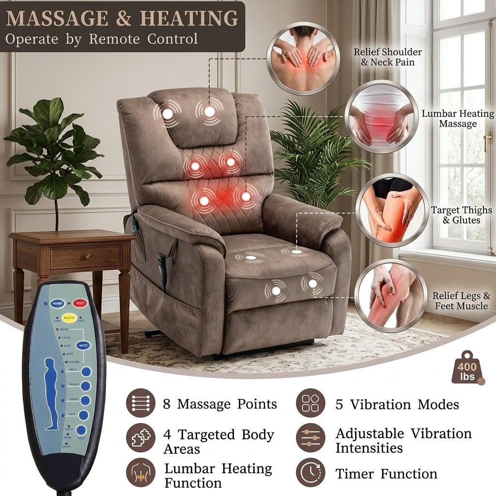 Howcool Lift Recliner Chair Lay Flat 180°, Dual Motor Power Lift Chair with Massage and Heating, Infinite Position Heavy Duty Oversized Recliner for Elderly Living Room,Brown