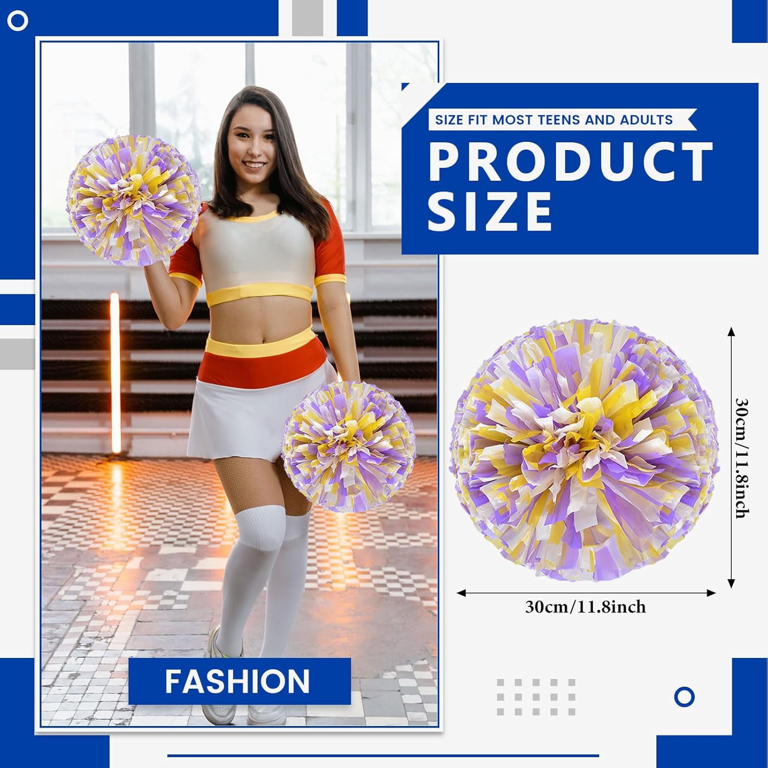 Cheerleader Pom Poms 24 Pack Sports Dance Cheering Plastic Metallic Cheerleading Pom Poms for Kids Adults-Ring Style