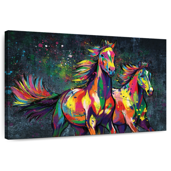Elephant Stock Two Horses Color Splash Paint Wall Art - Horizontal Canvas Wall Art - Living Room Wall Decor - Animal Canvas - Gold And Beige Decor - 12" x 8"