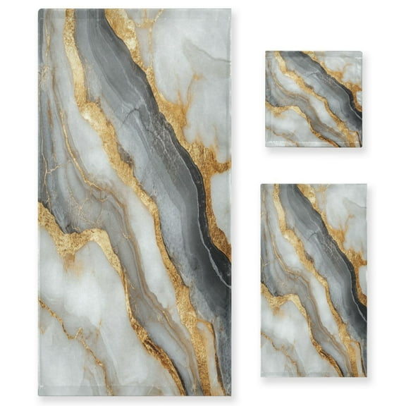 Wobogo Black Gold Marble Pattern Ultra Soft 3 Pack Cotton Towel Set Includes 1 Bath Towel 1 Face Towel and 1 Washcloth for Everyday Use Lightweight and Compact