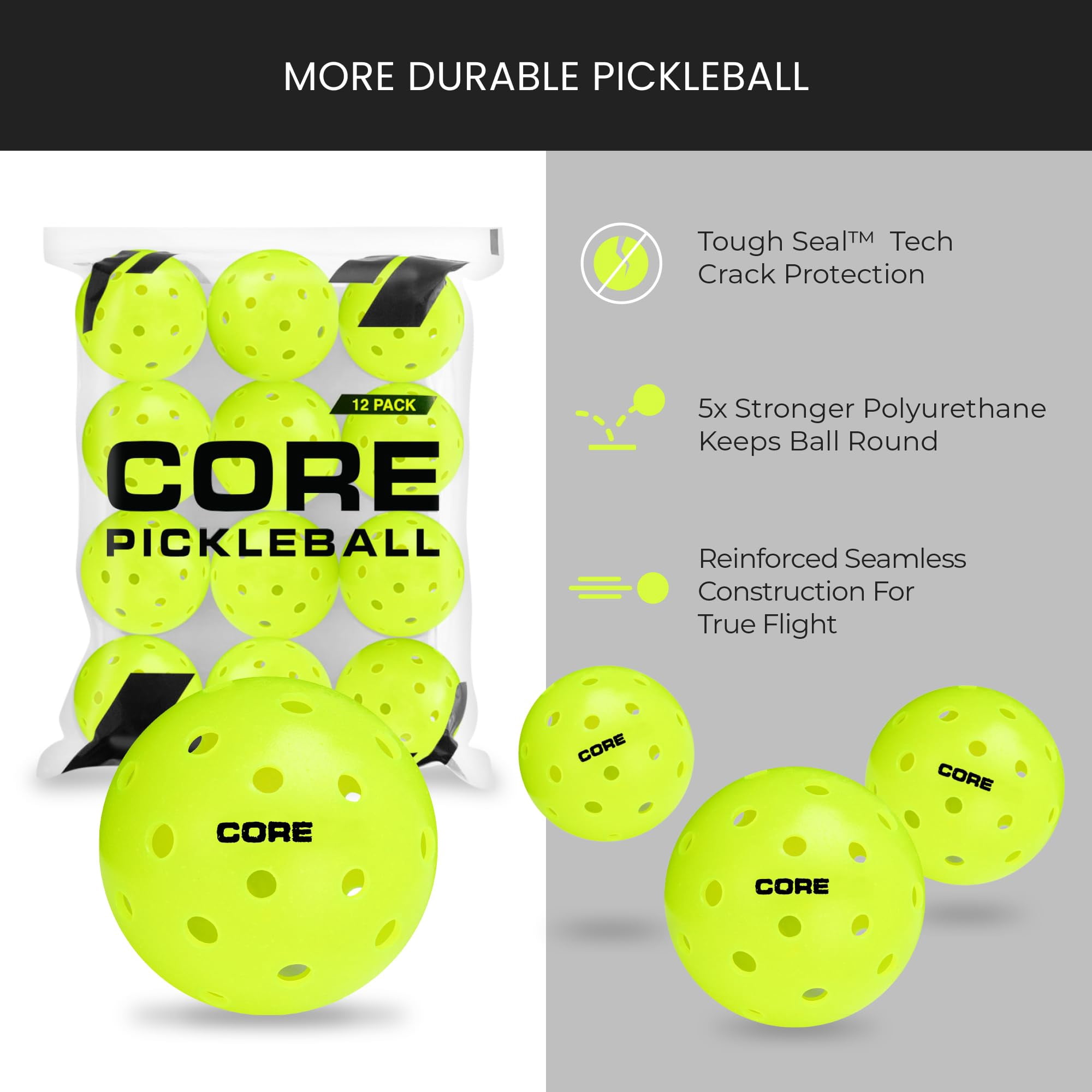 CORE Outdoor Pickleball Balls, Pickleball Outdoor Balls USAPA Approved, Neon Green 40 Hole, 12 Pack