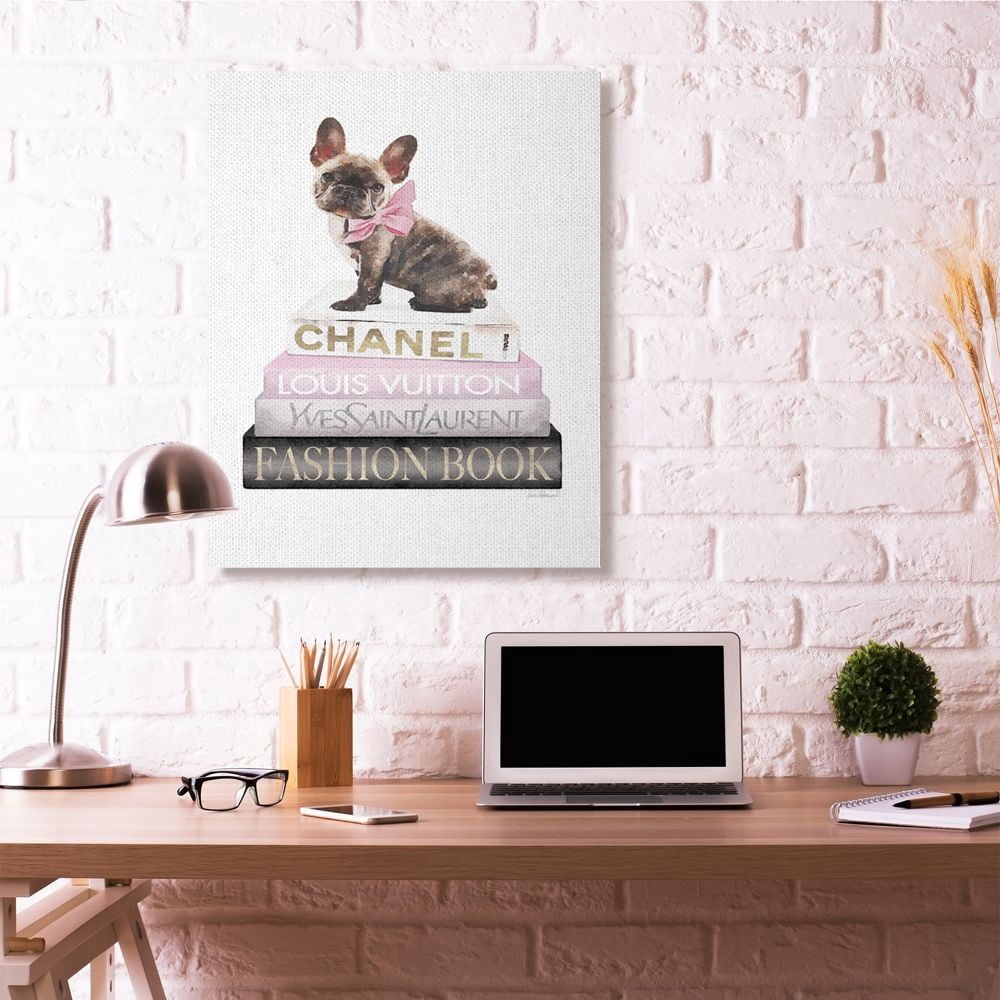 Stupell Industries Pink Bow Dog Gold Black Bookstack Glam Fashion Pet Design Canvas Wall Art by Amanda Greenwood