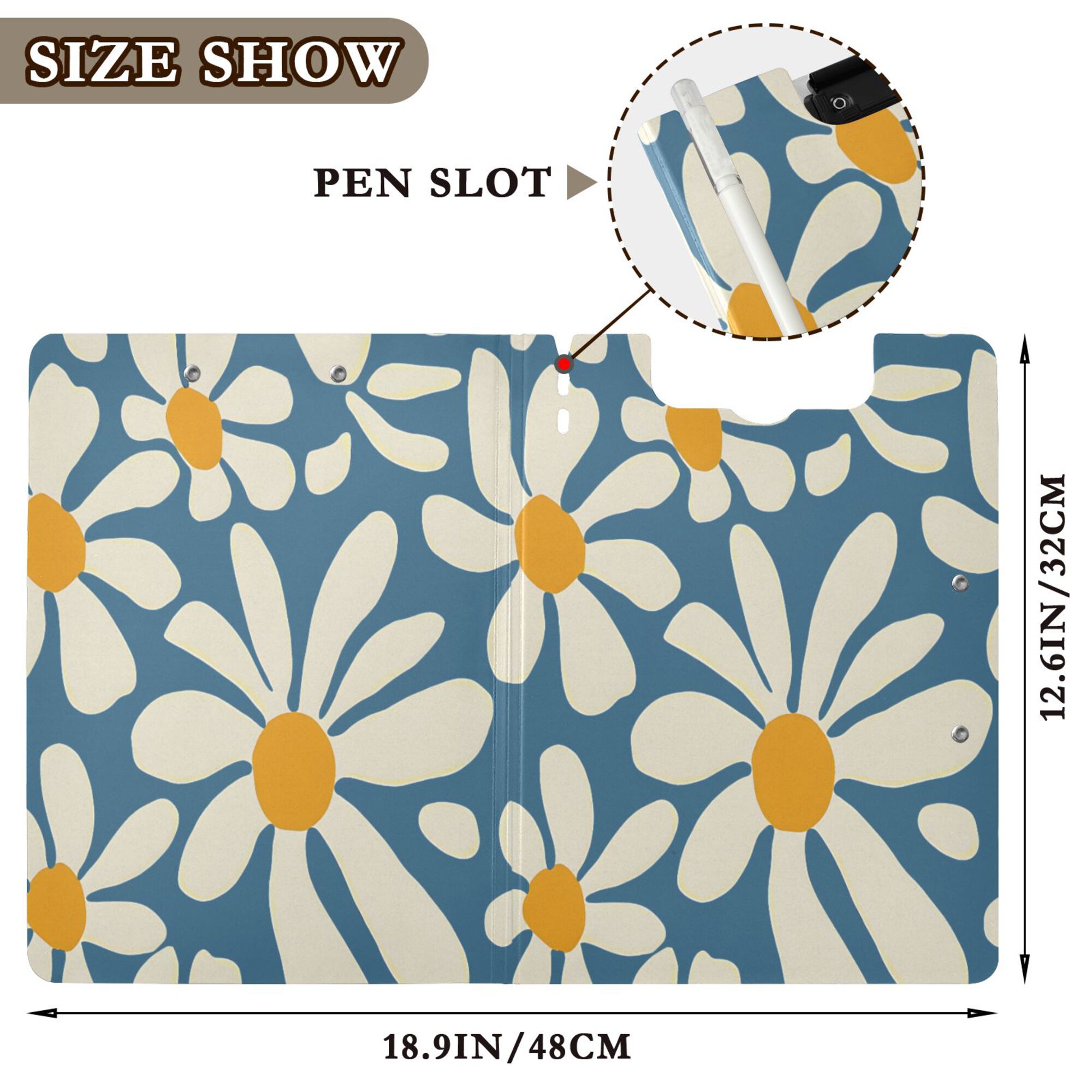 FORMRS A4 Clipboard Folder with Pen Holder Horizontal Foldable School Office Binder, Whimsy Daisy Pattern