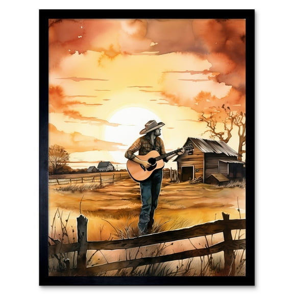 Man Playing Country Music Guitar in Countryside Farm on Sunset Modern Watercolour Painting Art Print Framed Poster Wall Decor 12x16 inch
