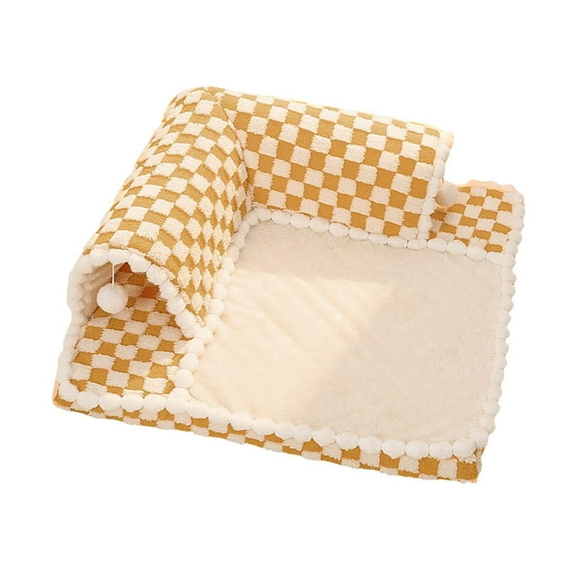 Linda cama para gatos, túnel de juguete, escondite para gatos pequeños con bolas colgantes, nido ligero para gatos, tapete para gatos de interior grue Marrón M