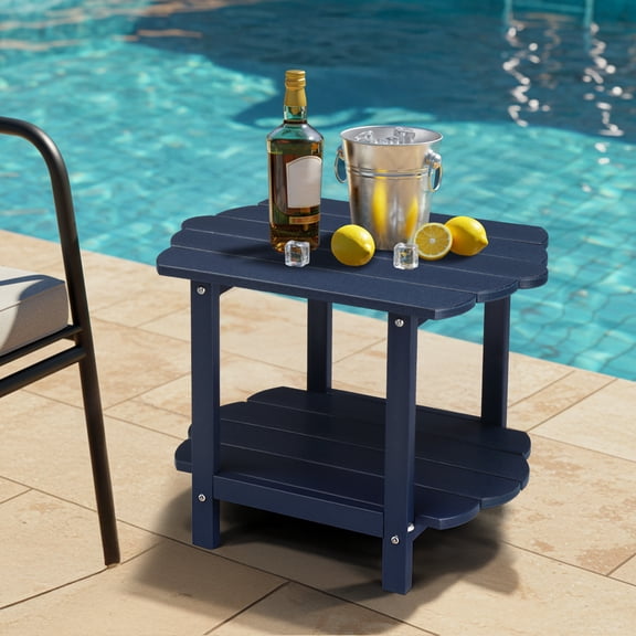 BAYUELSWU Outdoor Side Table, 2-Tier Outdoor End Table, HDPE All Weather Patio Table with Storage Shelf for Indoor, Outdoor, Patio, Backyard, Pool (Navy Blue)