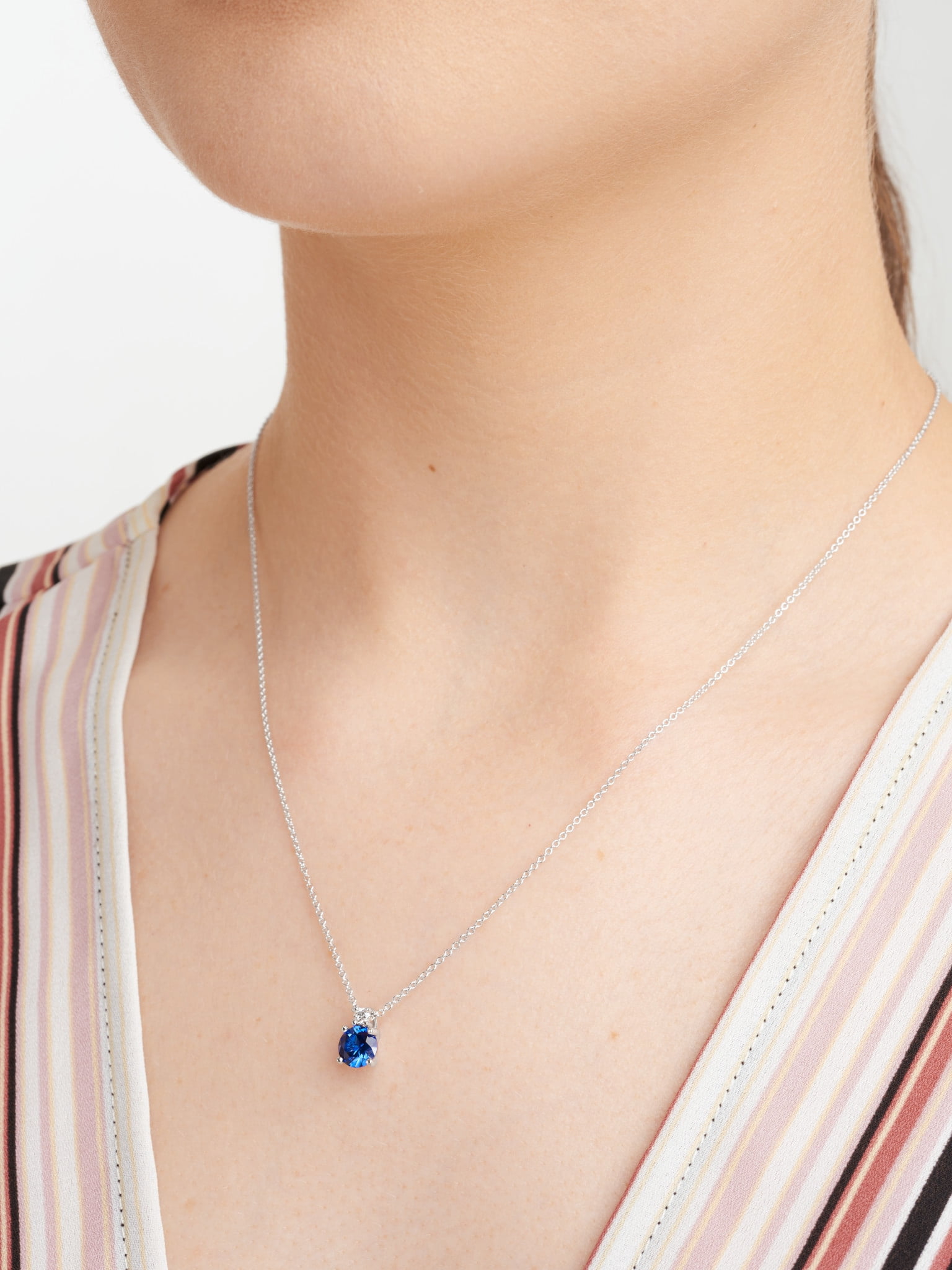 Forever Facets Lab Grown Diamond and Created Sapphire Necklace in Sterling Silver, Adult Female