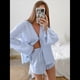 thumbnail image 5 of Pijama de Verano para Mujer, Conjunto de 2 Piezas con Cuello en V, Camisa de Larga A Juego y Pantalones Cortos Holgados de Cintura Alta. Azul L, 5 of 10